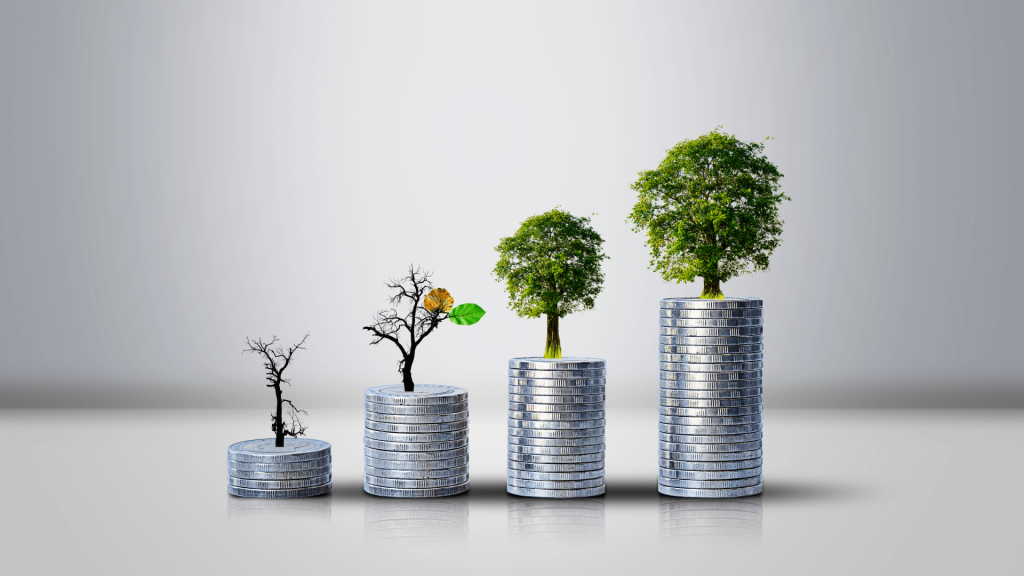 a tree is shown to grow in varying stages on different piles of coins